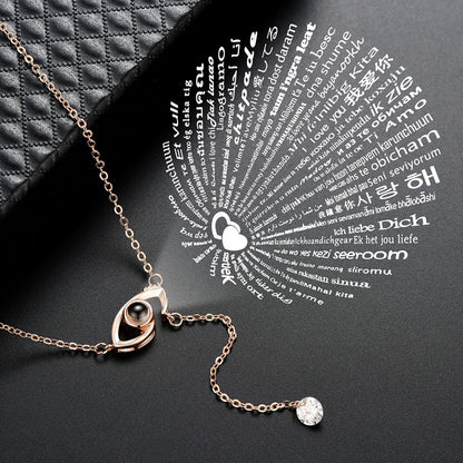 Evil Eye & Flower Clover Projection Necklace Rose Gold Tone Stainless Steel 100 Languages I Love You Memory Pendant