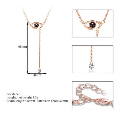 Evil Eye & Flower Clover Projection Necklace Rose Gold Tone Stainless Steel 100 Languages I Love You Memory Pendant