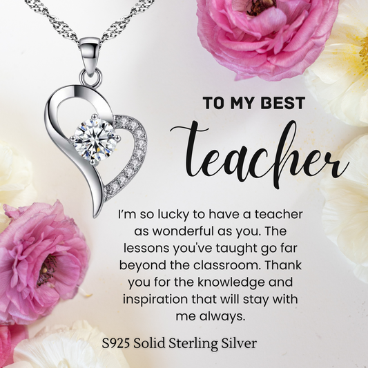 S925 Sterling Silver Heart C/Z Pendant Necklace with Message Card For Teacher