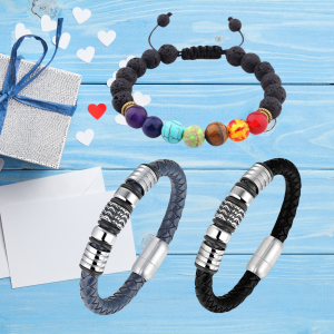 Men's Bracelet Genuine "HONOUR"  in Blue or Black Leather with Titanium Beads and Chakra Beads Bracelet Set