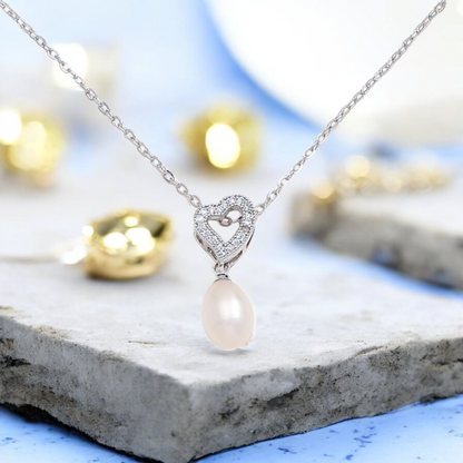 Crystal Heart with Freshwater Pearl Pendant Necklace