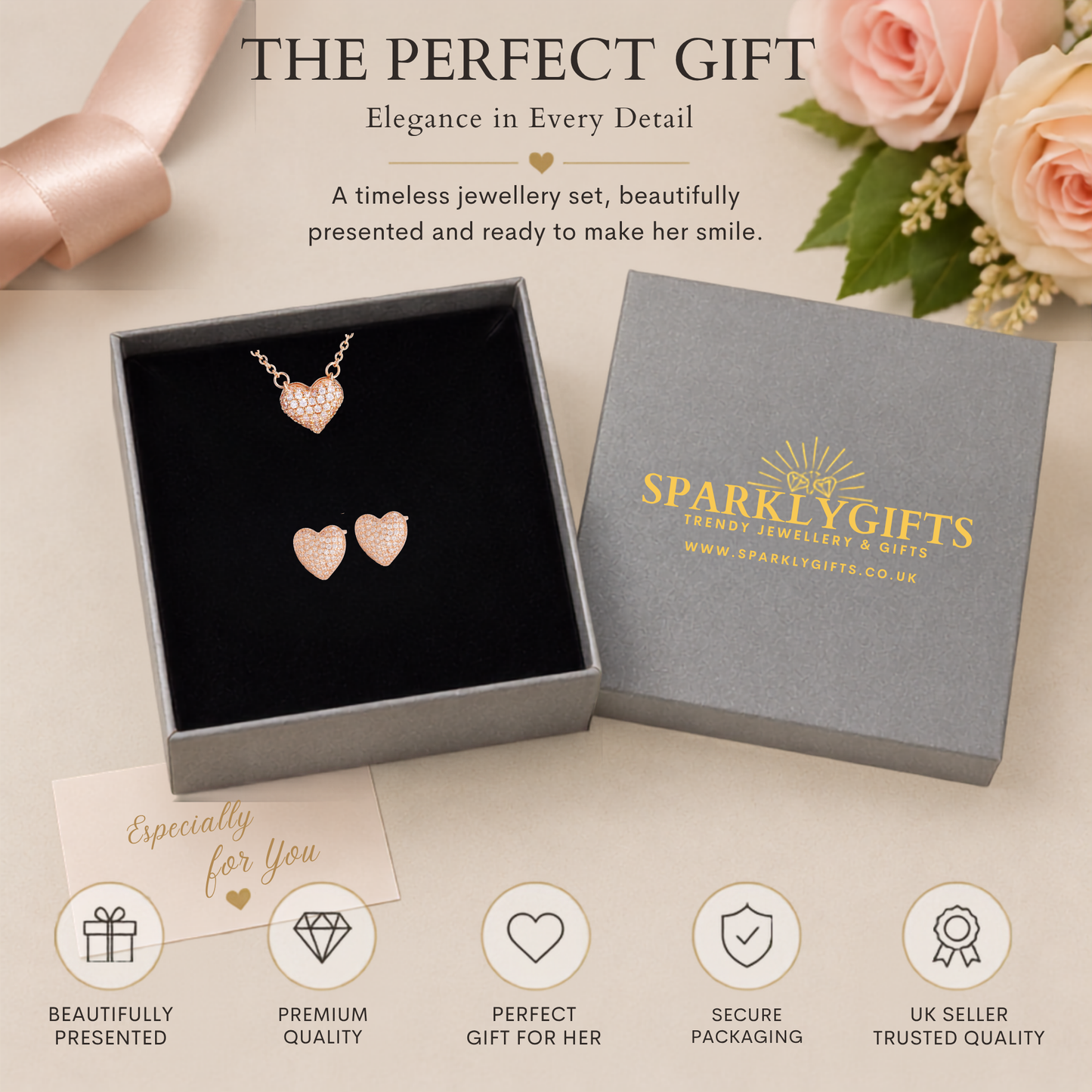 S925 Sterling Silver Pave Heart Rose Gold Plated Jewellery Set