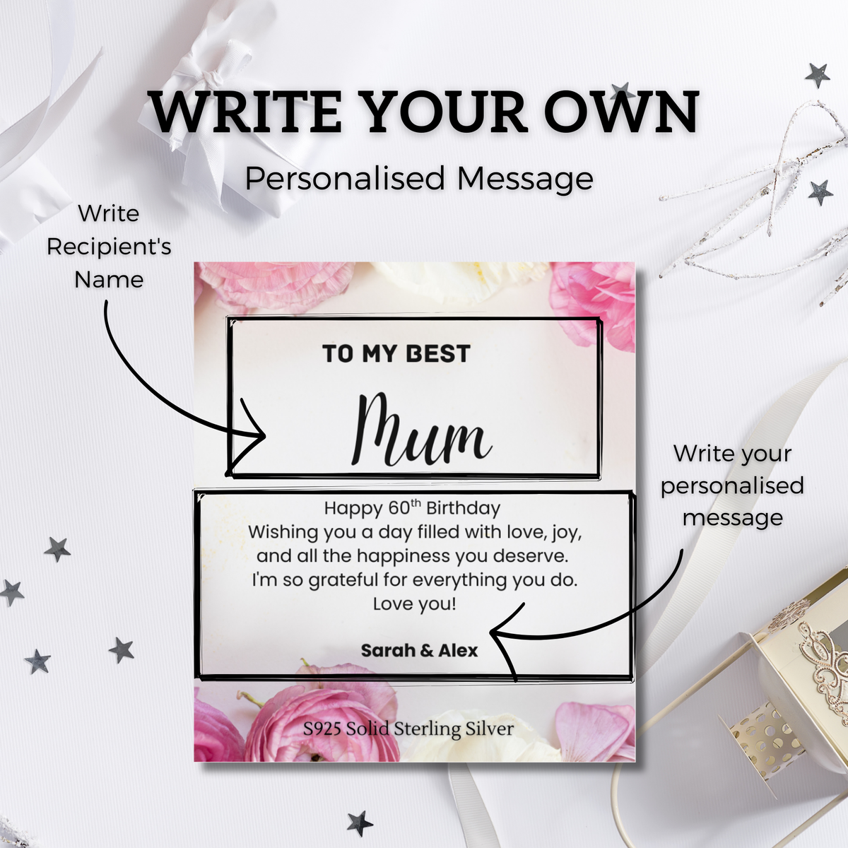 S925 Sterling Silver Jewellery Set with Personalised Message Write Your Own