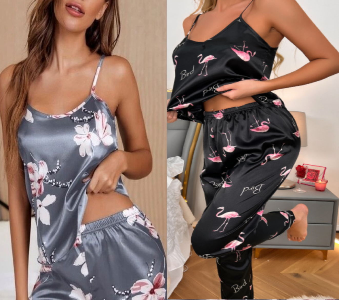 2-Piece Satin Pajama Set for Women Silky Cami Top & Long Trousers Sleepwear