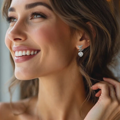 Initial Dangle Heart Crystal Sterling Silver Post Earrings