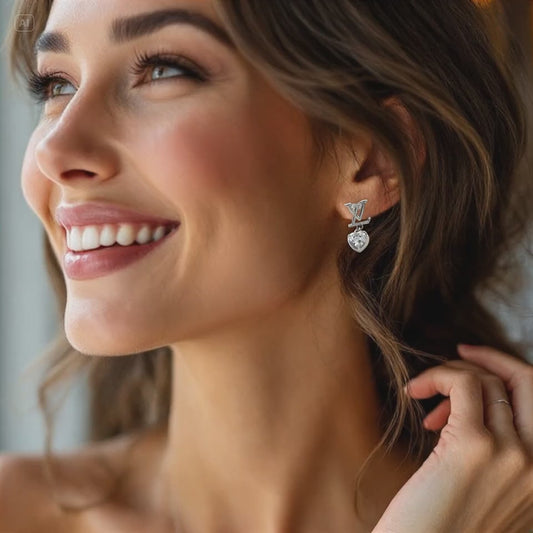 Initial Dangle Heart Crystal Sterling Silver Post Earrings