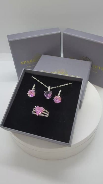 3pcs Heart Crystal Necklace, Drop Earrings and Ring Set Tri Set