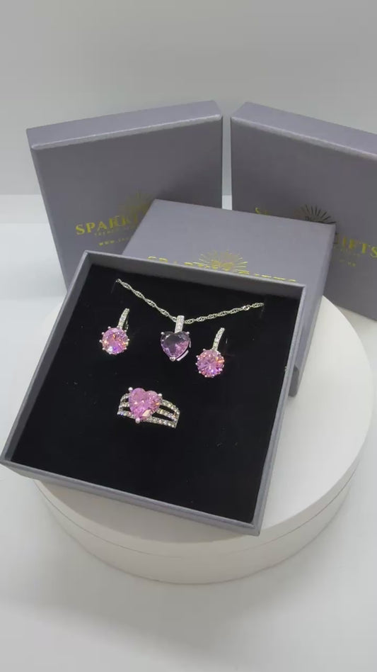 3pcs Heart Crystal Necklace, Drop Earrings and Ring Set Tri Set