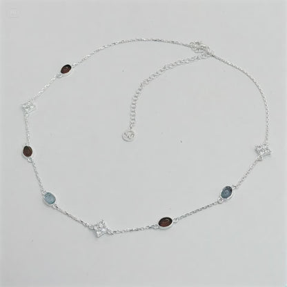 S925 Sterling Silver Agate & Aquamarine Stream Necklace Choker
