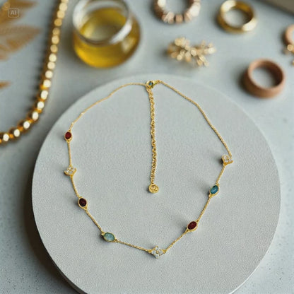 S925 Sterling Silver Aqua & Agate Bloom 18K Gold Plated Necklace Choker