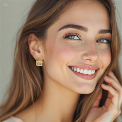 Glittering Mini Hand bag 18K Gold Plated Sterling Silver Post Earrings