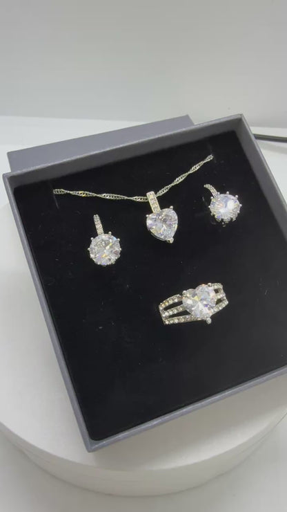 3pcs Heart Crystal Necklace, Drop Earrings and Ring Set Tri Set