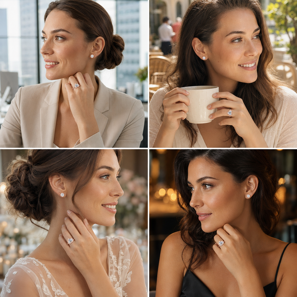 Rose Gold Heart Cubic Zirconia Crystals Halo Ring and Earring Set