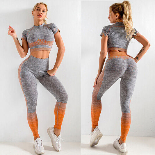 Seamless High Quality Stretchy Yoga Activewear Gym Bra & Legging Suit 2 Pcs Set -Orange and Grey