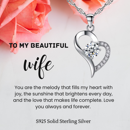 S925 Sterling Silver Heart C/Z Pendant Necklace with Message Card For Wife
